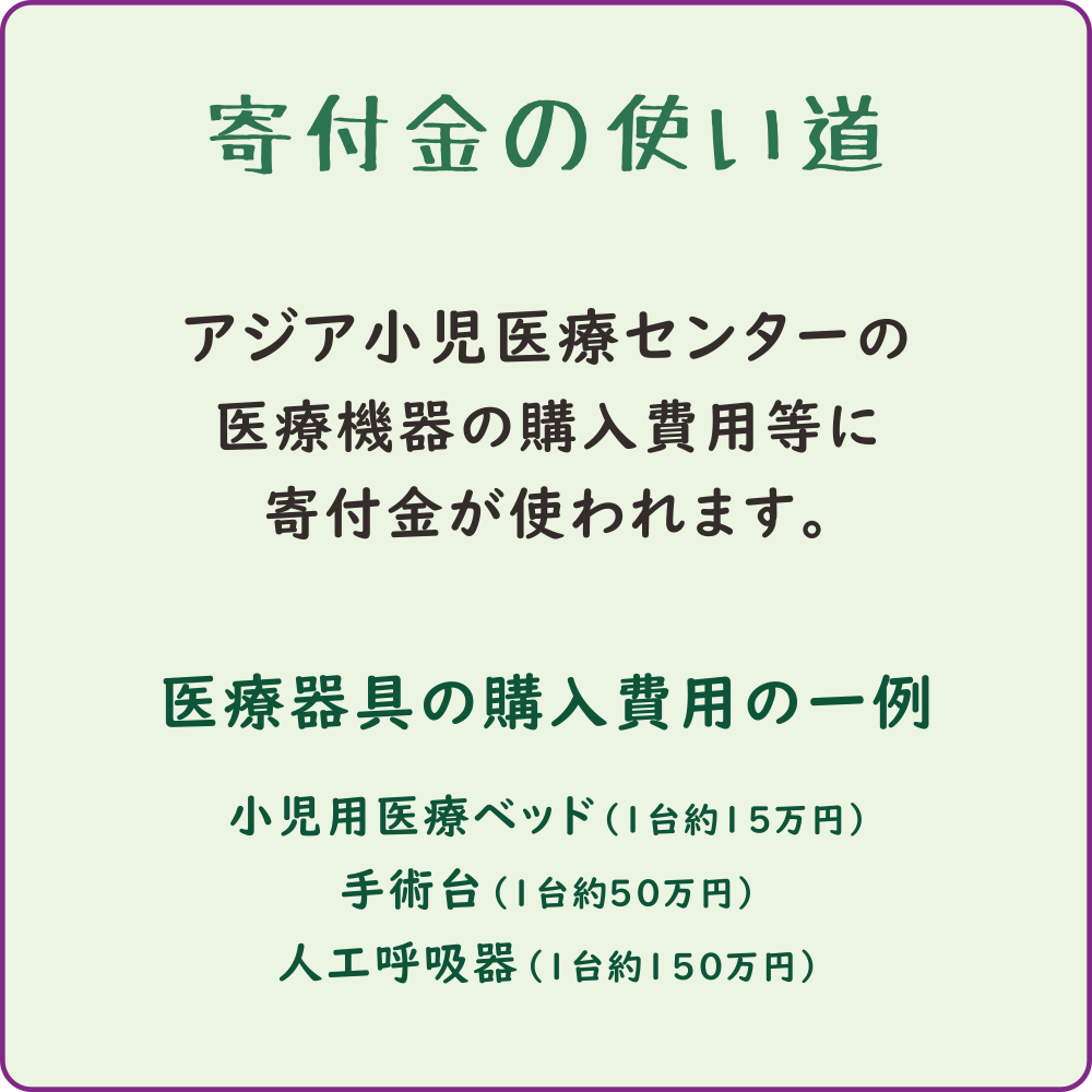 「寄付金の使い道」アジア小児医療センターの医療機器の購入費用などに寄付金が使われます。