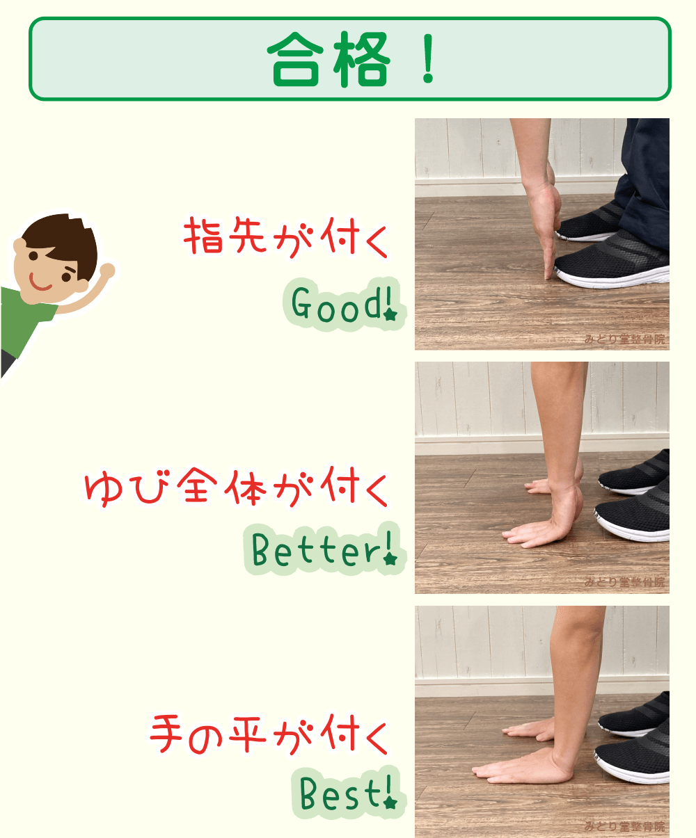 前屈の柔軟性の判定：「指先が床まで届く人」「手のひらが付く人」は合格です。