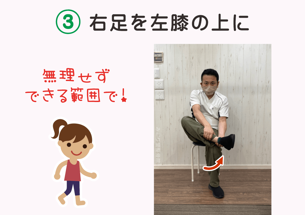 おしりのストレッチ３：右足を左膝の上に乗せます